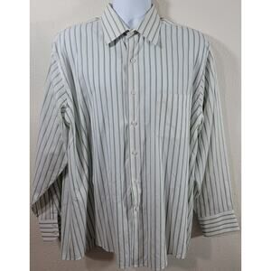 Van Heusen White Green Blue Striped Button Up Shirt 17 17.5 34 35 XL Lightweight